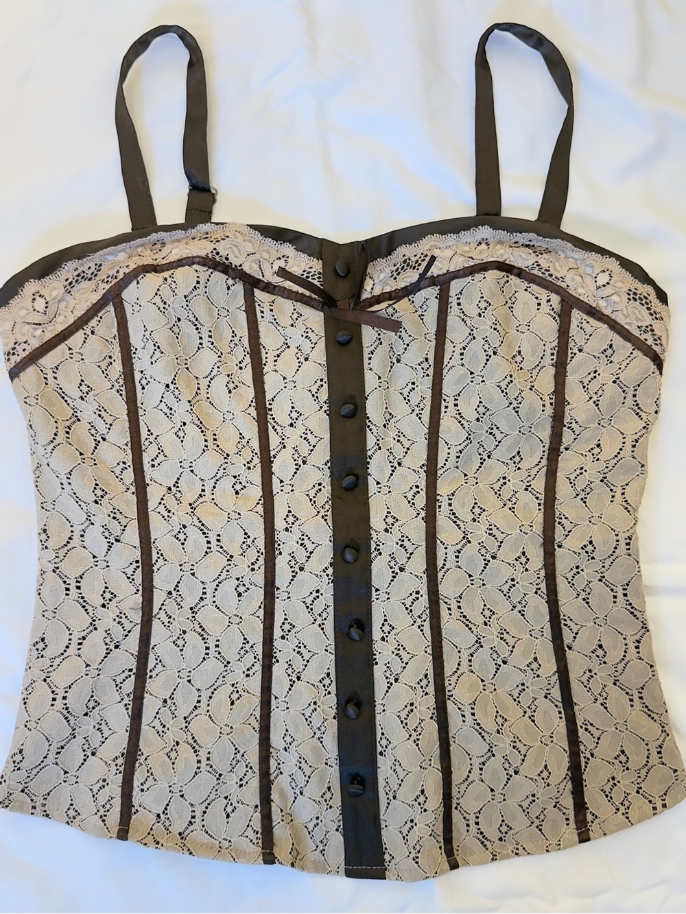 Vintage Apt. 9 Beige Lace Bustier Corset Cami Top with Brown Satin Trim